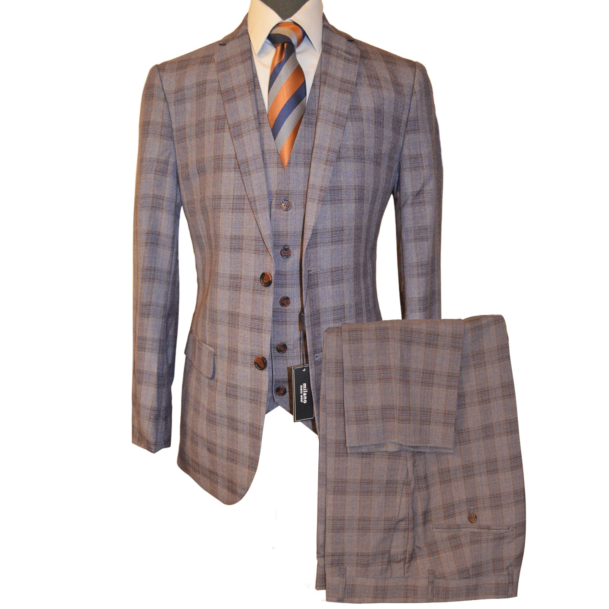 BRAVEMAN SUITING COMPANY U SS GRAY / 38 REG MILANO LABEL PLAID SUIT/Ml3812-3pc