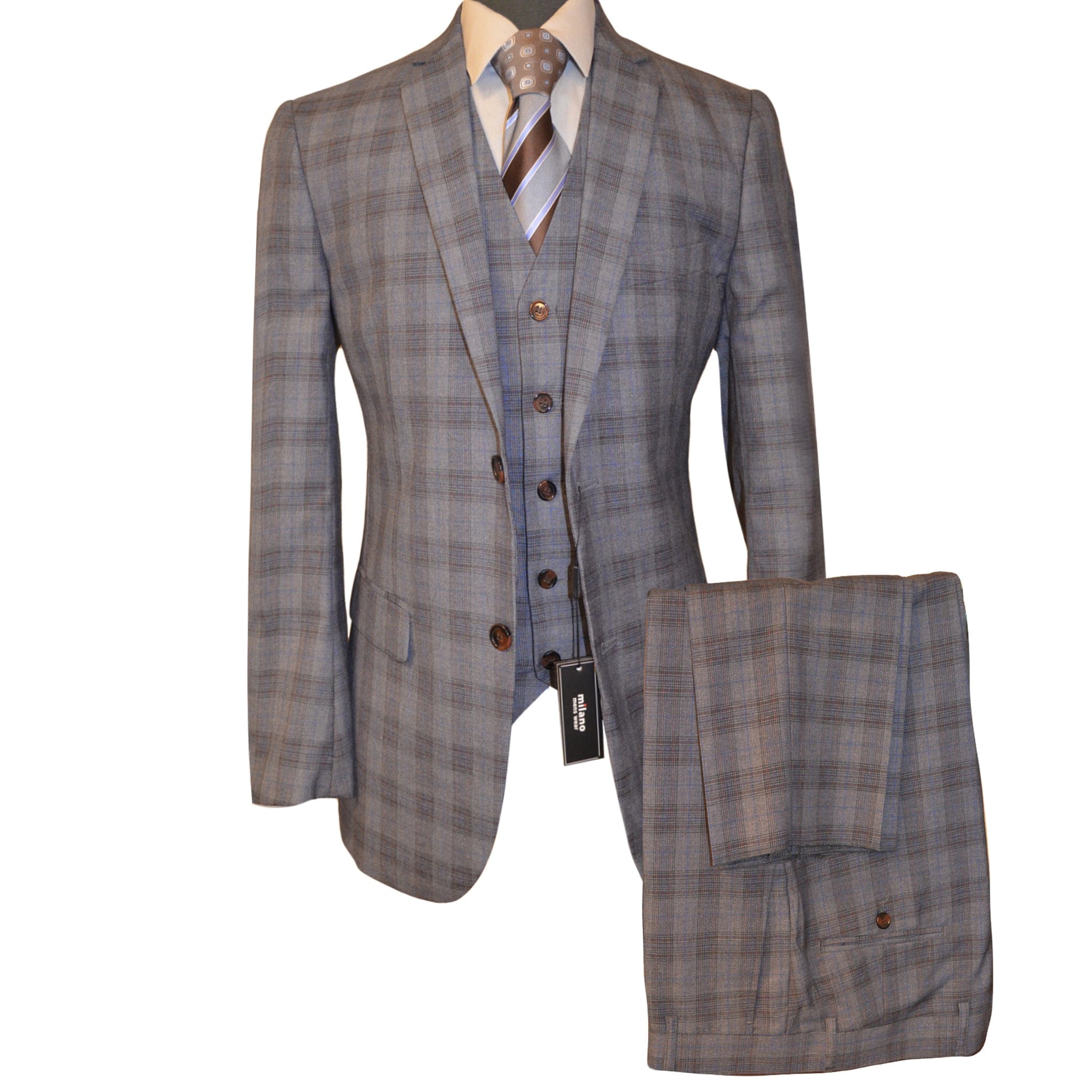 BRAVEMAN SUITING COMPANY U SS LT.BROWN / 38 REG MILANO LABEL PLAID SUIT/Ml3812-3pc