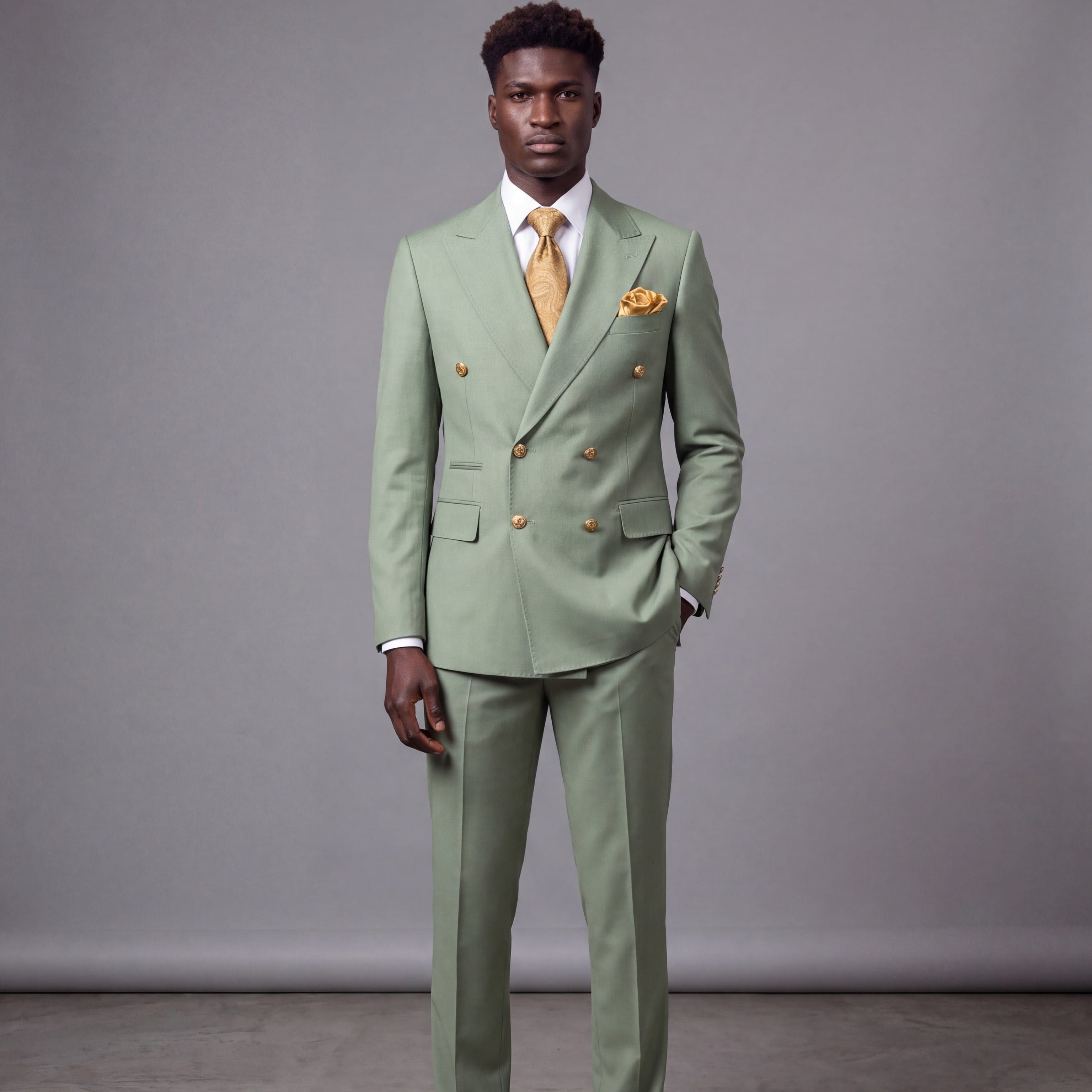 GR CLOTHING GRP DBA ROSSI U SM Rossiman Gold Button Double-Breasted Suit