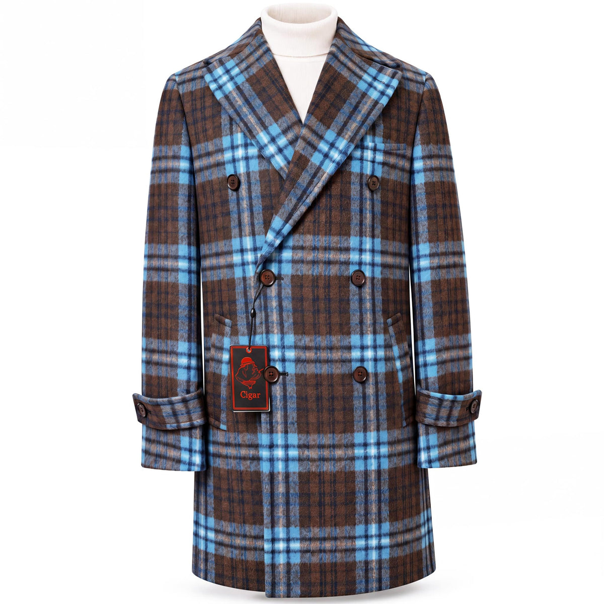 MARENZIO GROUP, INC. J O C BLUE / MED Cigar Men’s Plaid Double-Breasted Overcoat-Tc1503