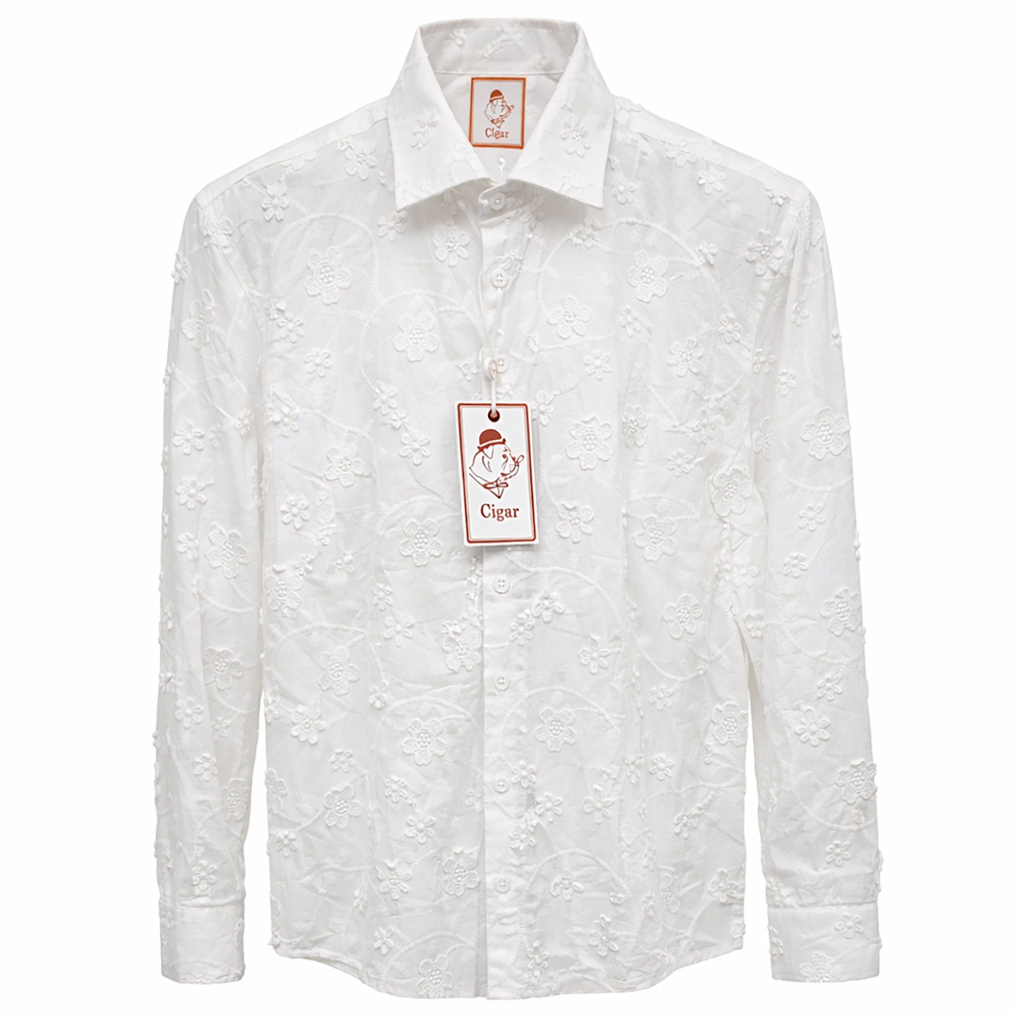 MARENZIO GROUP, INC. S A L WHITE / MED Cigar Floral Embroidered 100% COTTON Long Sleeve Fashion Shirt/S-5073