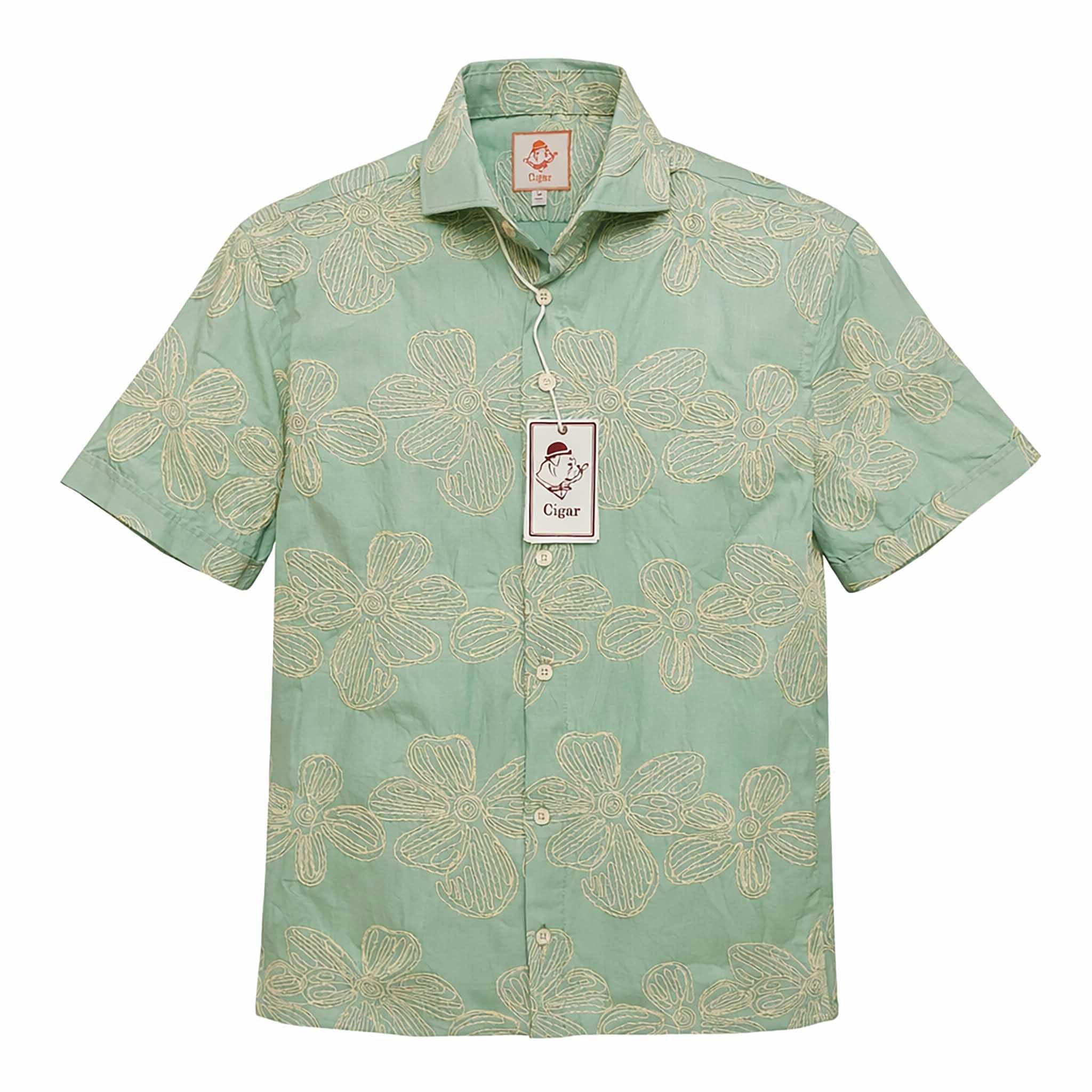 MARENZIO GROUP, INC. S A L SAGE / MED Cigar Floral Embroidered Short Sleeve Button-Up Shirt-Ps-115
