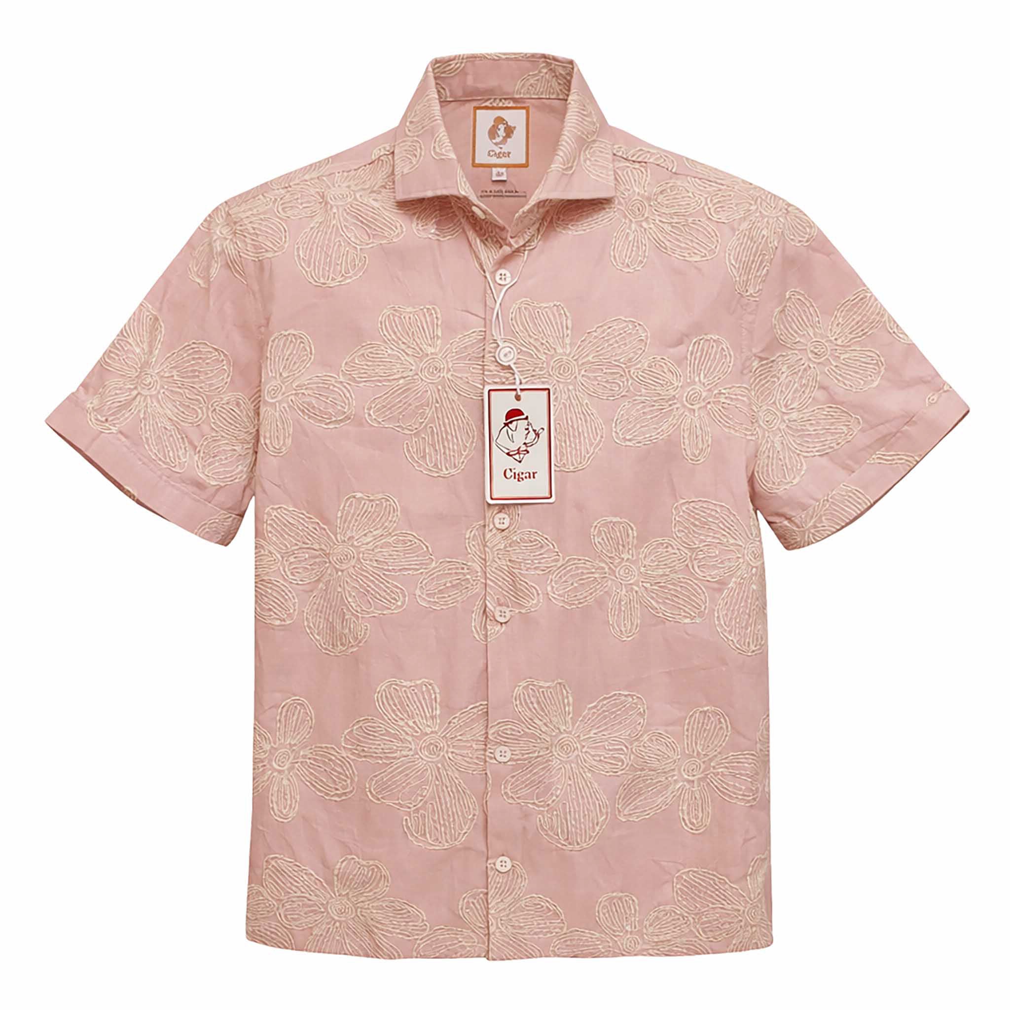 MARENZIO GROUP, INC. S A L PINK / MED Cigar Floral Embroidered Short Sleeve Button-Up Shirt-Ps-115