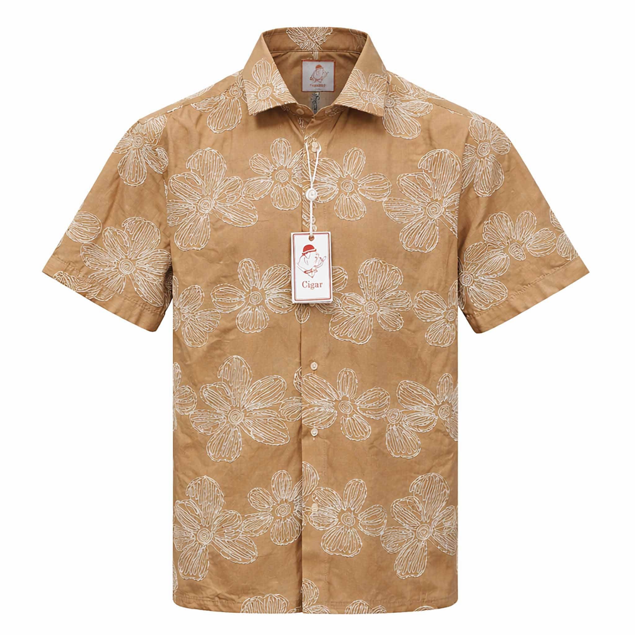 MARENZIO GROUP, INC. S A L SAND / MED Cigar Floral Embroidered Short Sleeve Button-Up Shirt-Ps-115