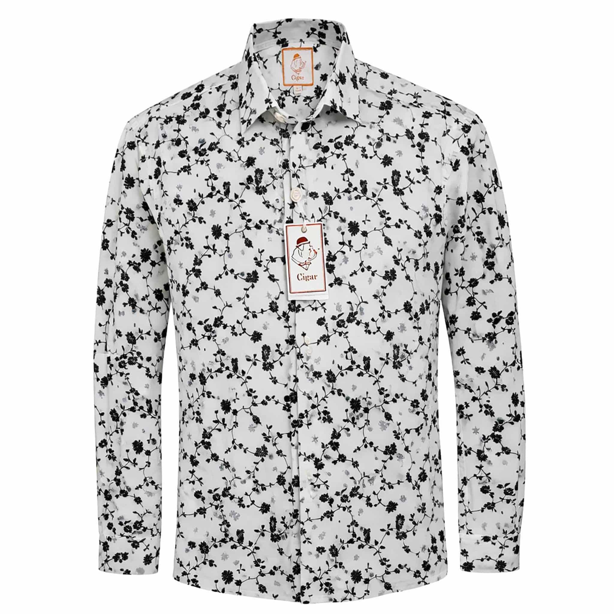 MARENZIO GROUP, INC. S A L WHITE / MED Cigar Floral Vine Print 100% COTTON Long Sleeve Fashion Shirt/S-5075