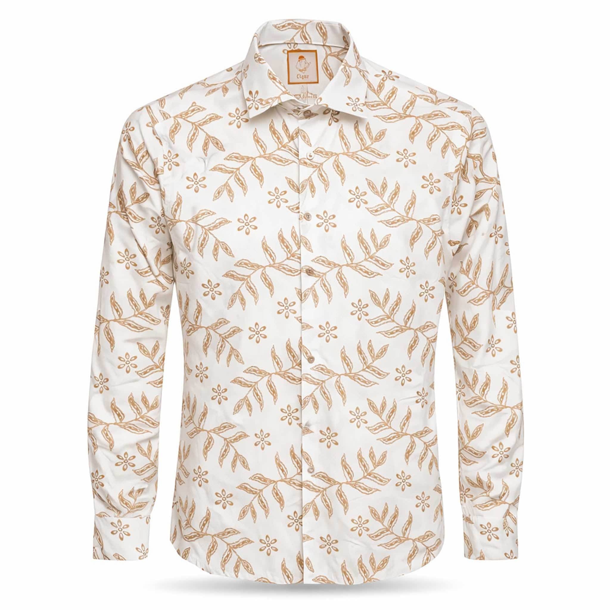 MARENZIO GROUP, INC. S A L CREAM / MED Cigar Leaf Floral Print 100% COTTON Long Sleeve Fashion Shirt.S-5072