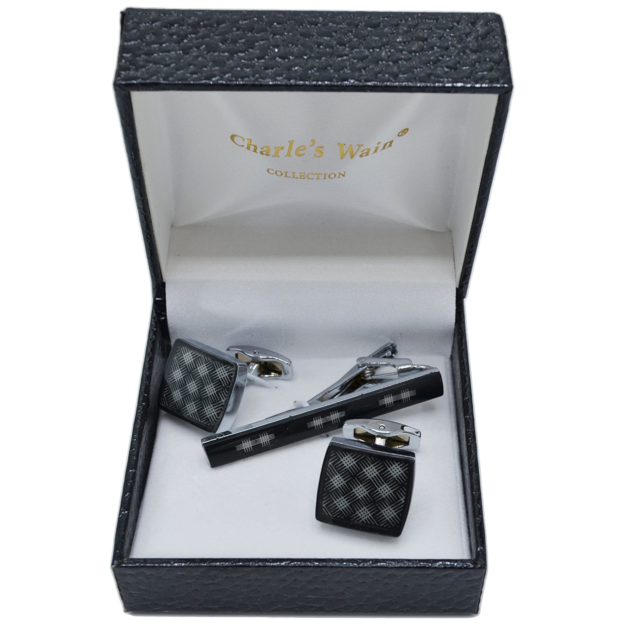 MilanoMensWear AC BLACK/SILVER CUFFLINK &TIE BAR SET