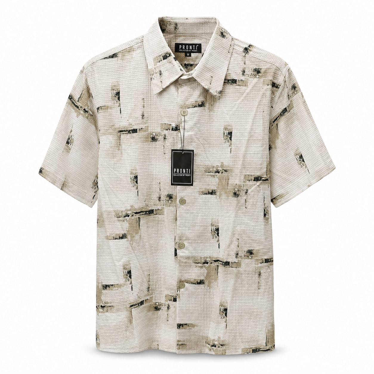 PHITA INTERNATIONAL CORP S A S TAN / MED Pronti Abstract Print Short Sleeve Shirt – Textured Casual Style-S1919
