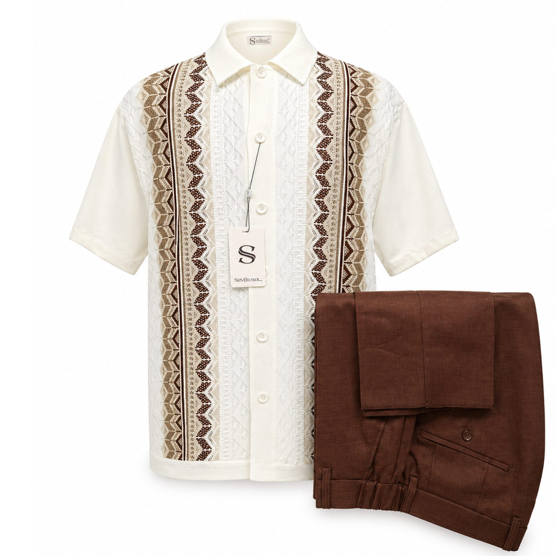 SAFIRE INC.(SILVERSILK) O F S BROWN / SM Men’s Textured Knit Short Sleeve Button-Up Walking Suit Set-21012