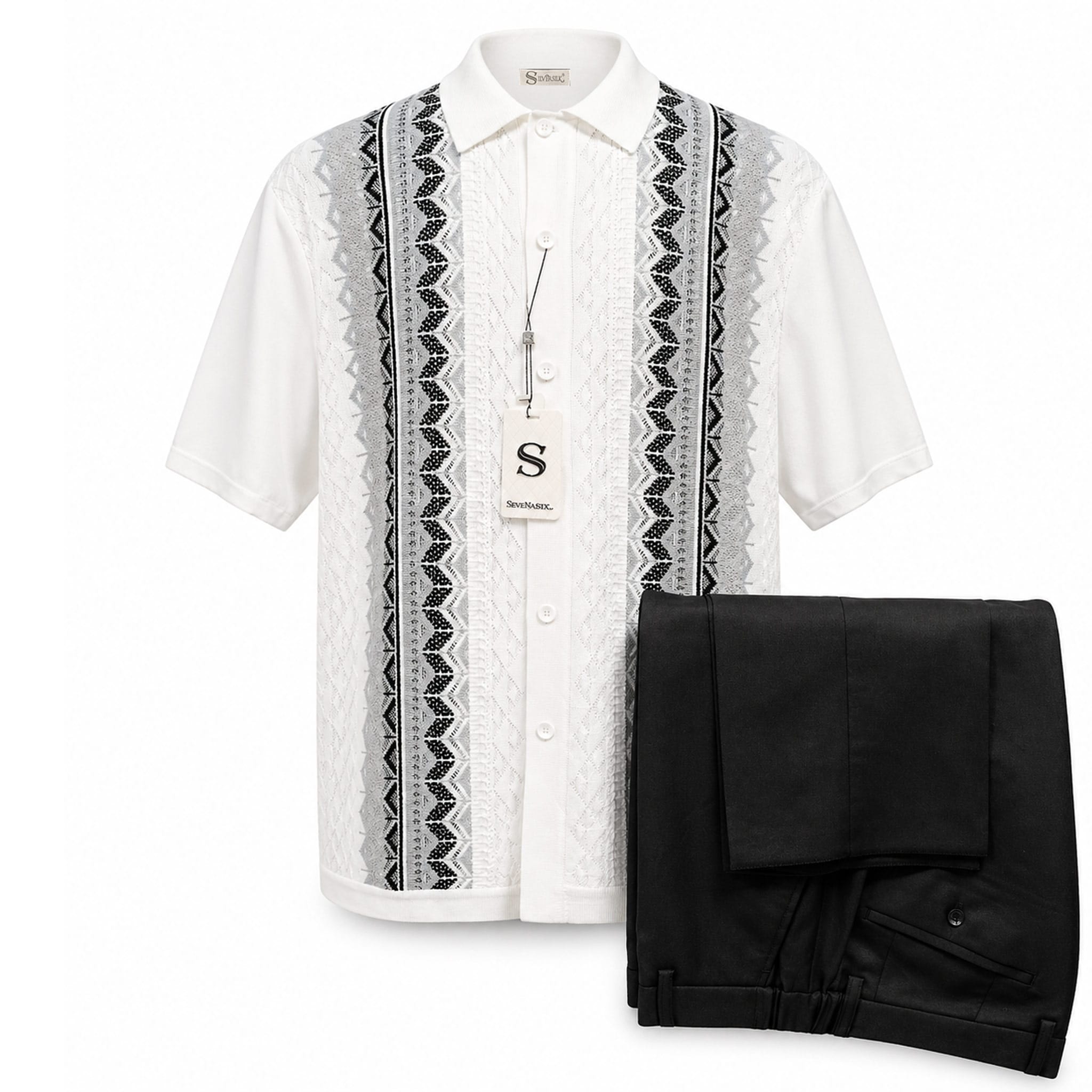 SAFIRE INC.(SILVERSILK) O F S BLACK / SM Men’s Textured Knit Short Sleeve Button-Up Walking Suit Set-21012