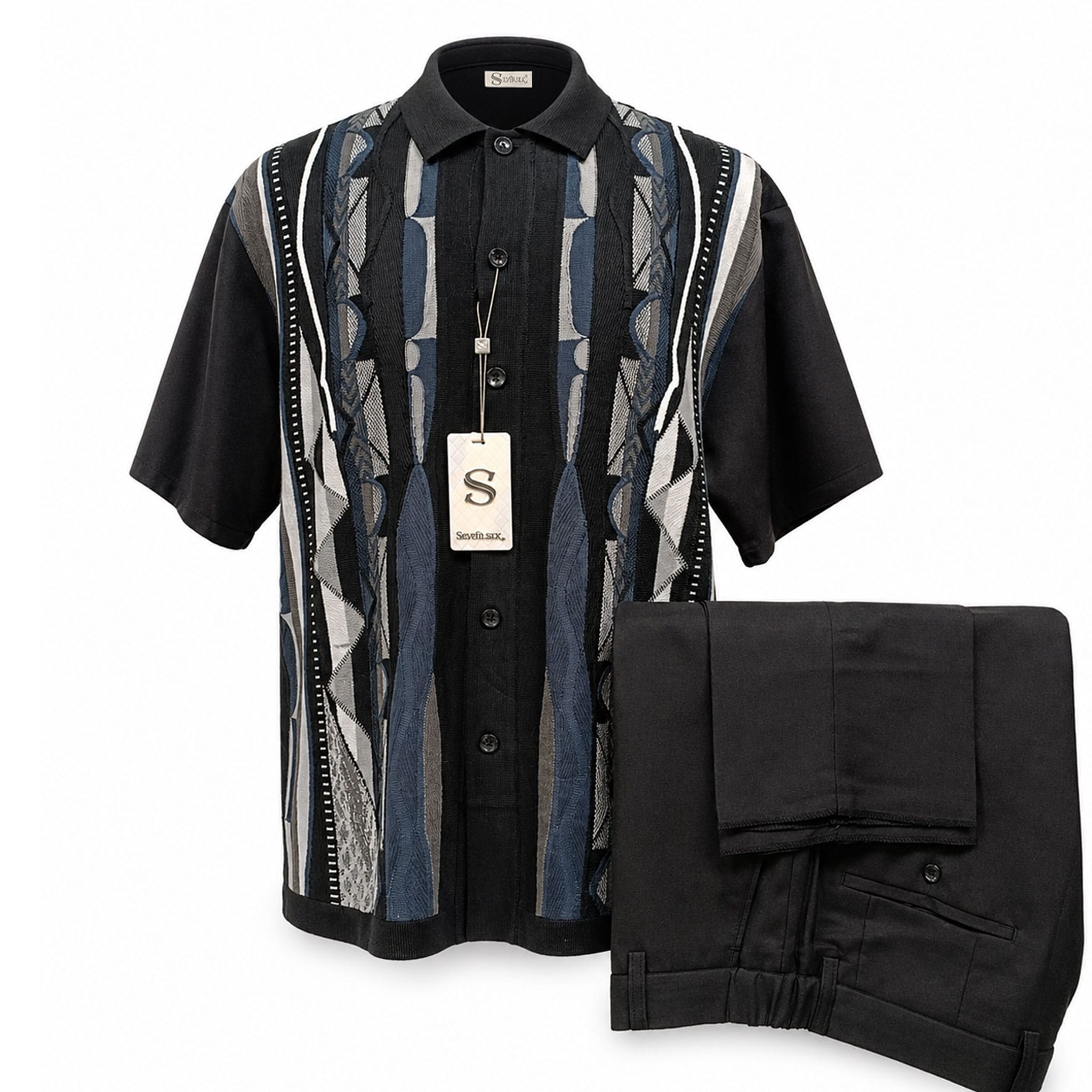 SAFIRE INC.(SILVERSILK) O F S BLACK / SM Silversilk Short Sleeve Pattern Shirt and Pants Set for Men-21017