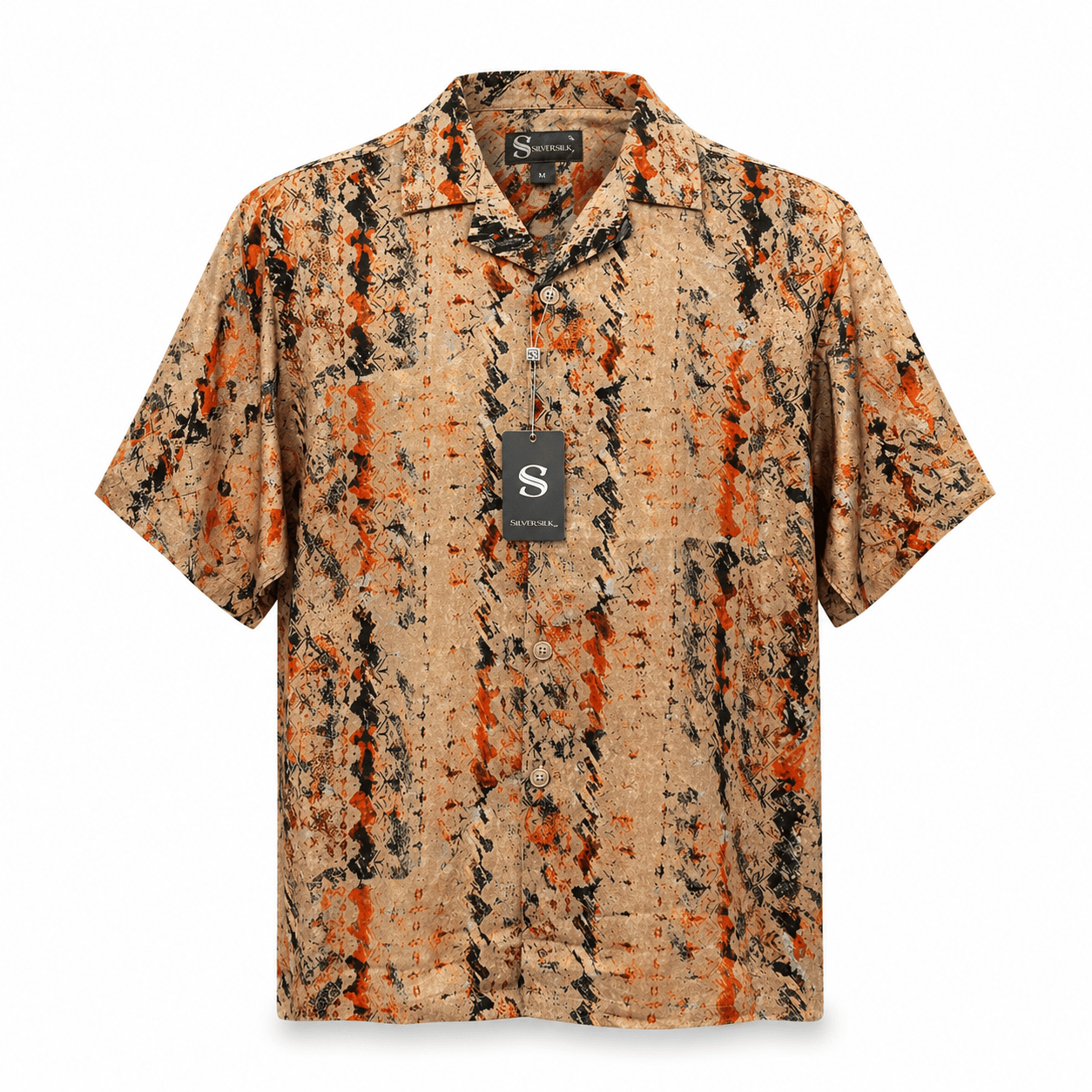 SAFIRE INC.(SILVERSILK) S A S KHAKI / SM Silversilk Abstract Pattern Short Sleeve Button-Up Shirt-27094