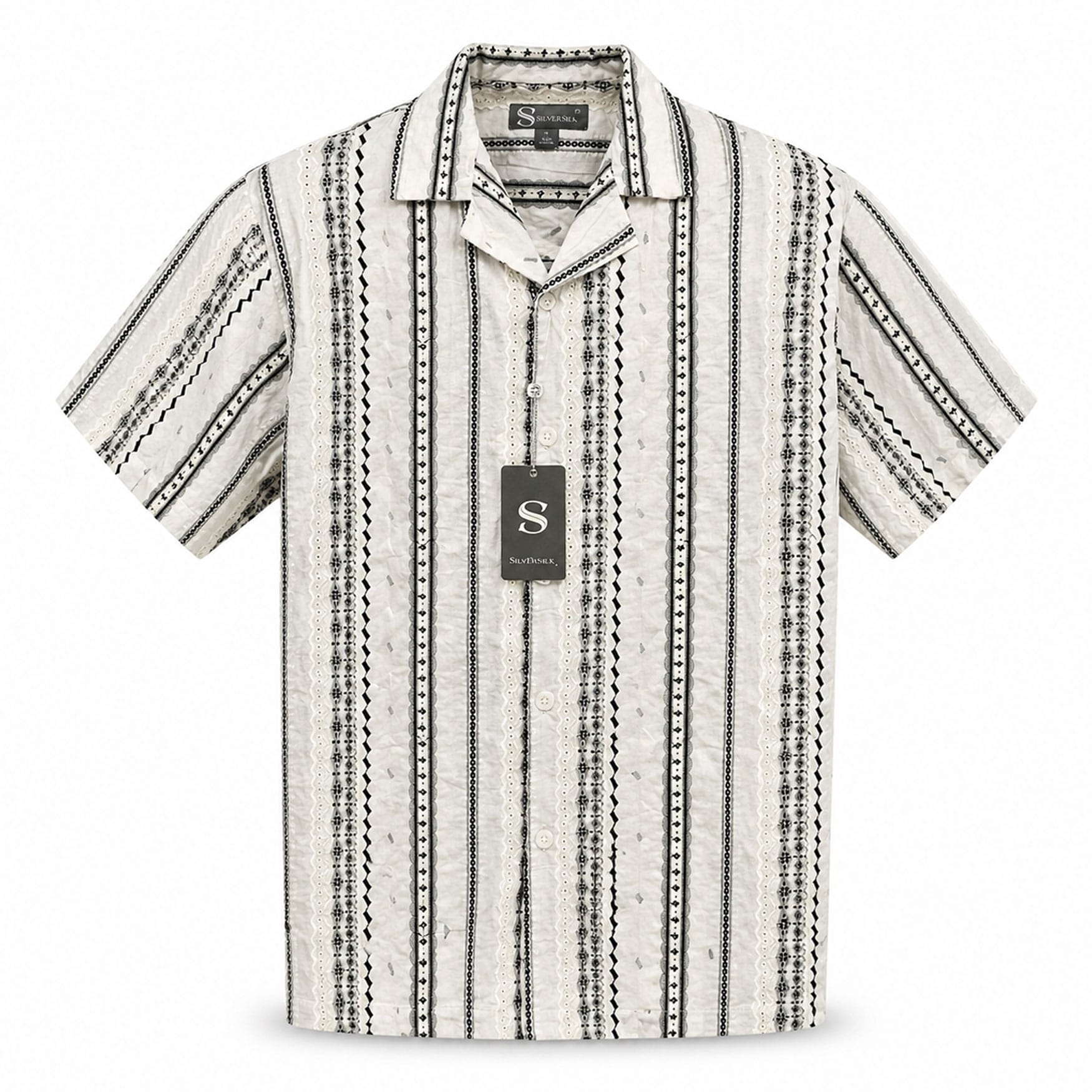 SAFIRE INC.(SILVERSILK) S AS WHITE / SM Silversilk Short Sleeve Pattern Button-Up Shirt for Men-27009