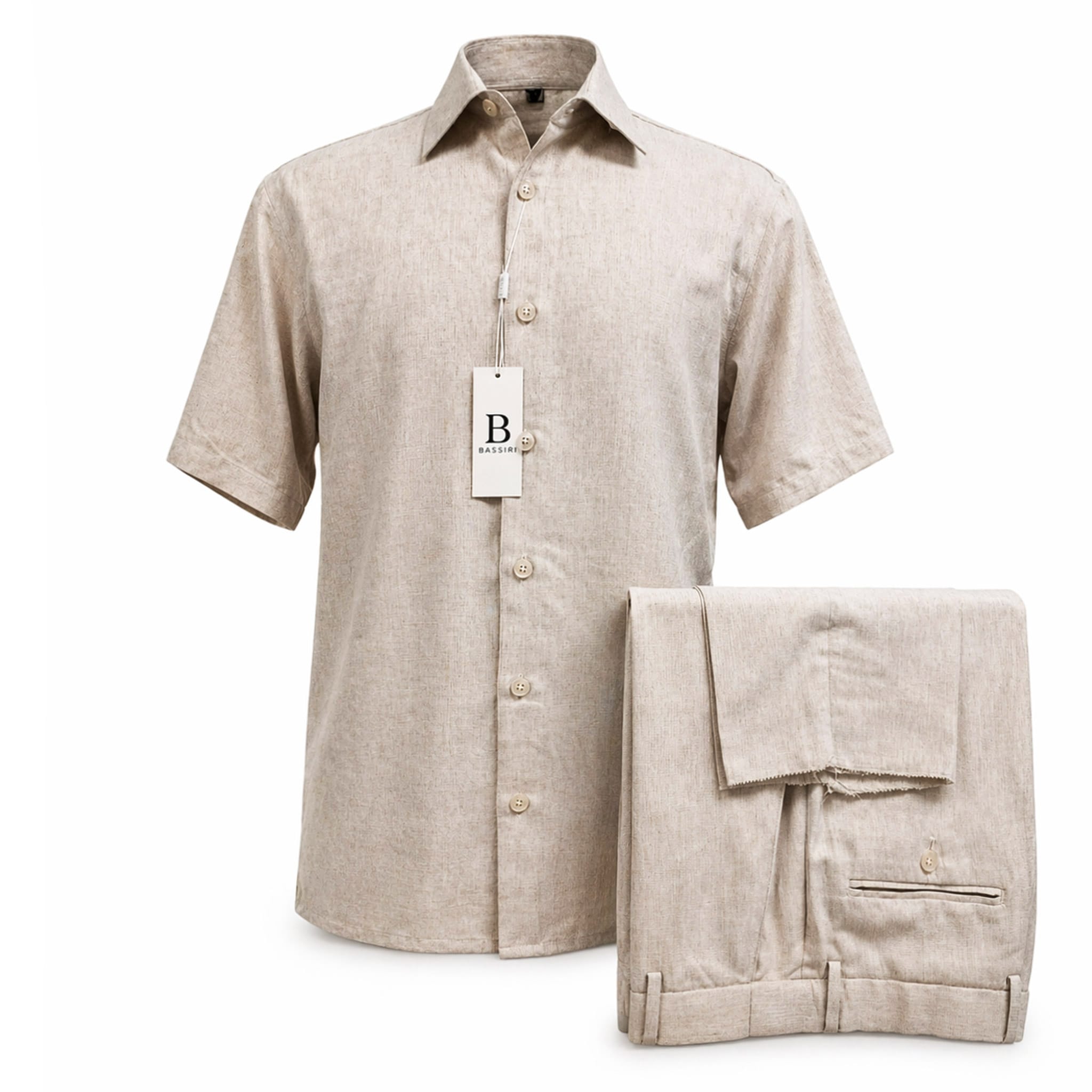 ZANJAN INC DBA BASSIRI O F S BEIGE / SM Bassiri Men’s Linen Short Sleeve Shirt & Tailored Shorts Set – Hand Finish Collection/S-1043