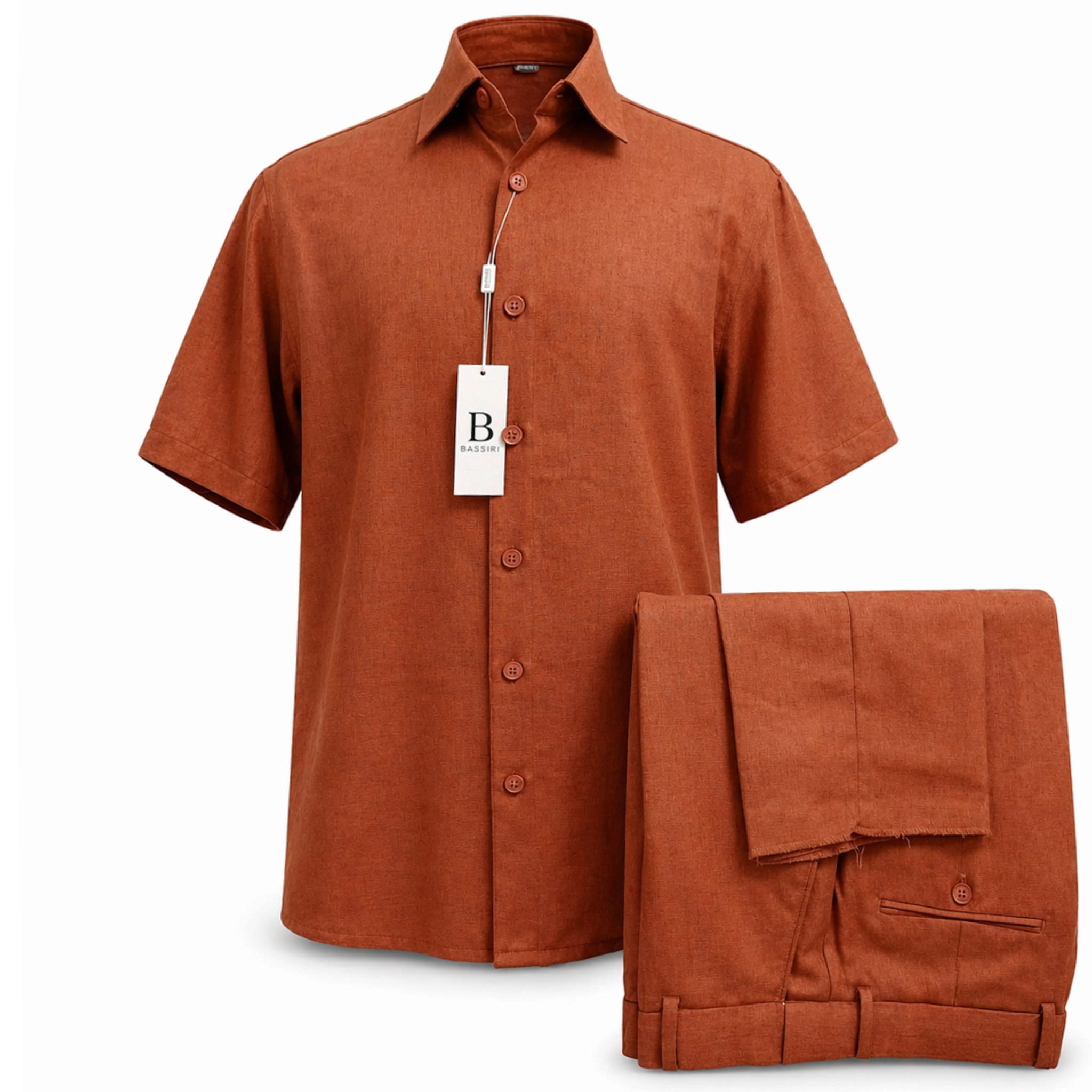 ZANJAN INC DBA BASSIRI O F S RUST / SM Bassiri Men’s Linen Short Sleeve Shirt & Tailored Shorts Set – Hand Finish Collection/S-1043
