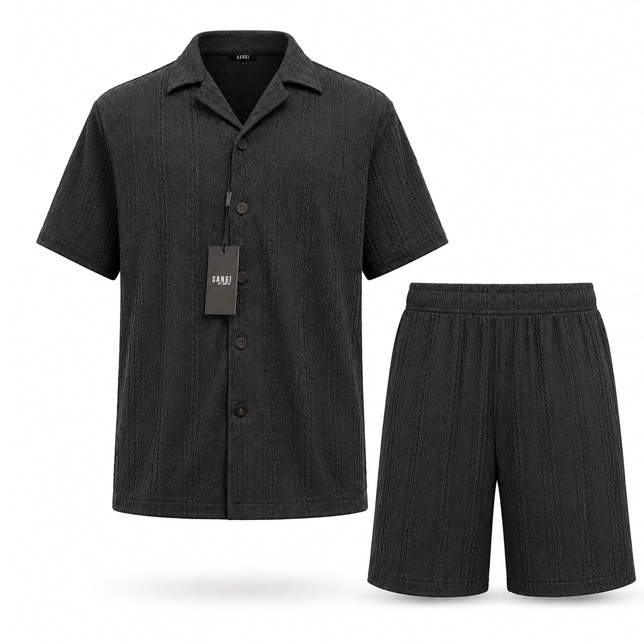 ZANJAN INC DBA BASSIRI S S T BLACK / SM Sangi Men’s Textured Short Sleeve Shirt & Short Set/T-126