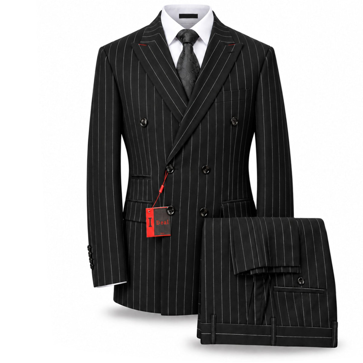 AMATZIA BGD LLC U D BLACK / 40R Ideal Peak Lapel Double-Breasted Vested Suit -9190