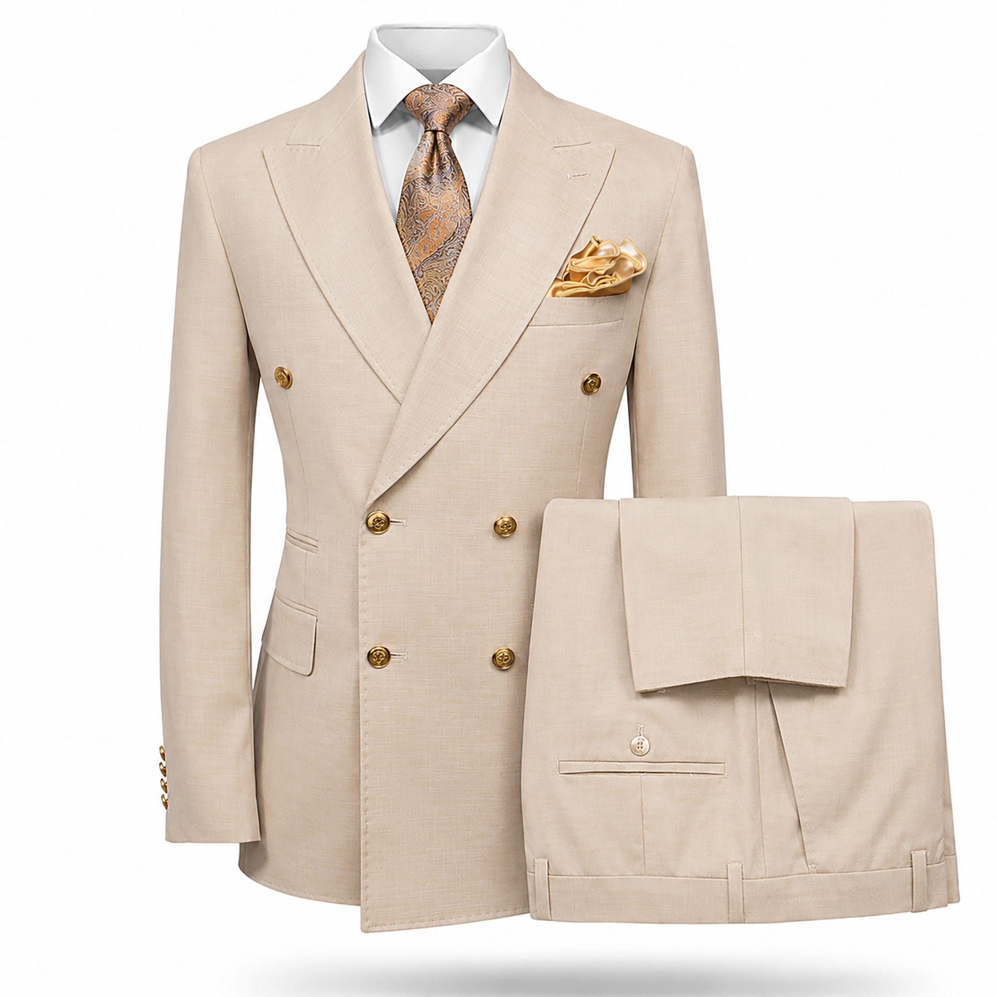 GR CLOTHING GRP DBA ROSSI U SM Light Tan/Khaki / 34 REG Rossiman Gold Button Double-Breasted Suit