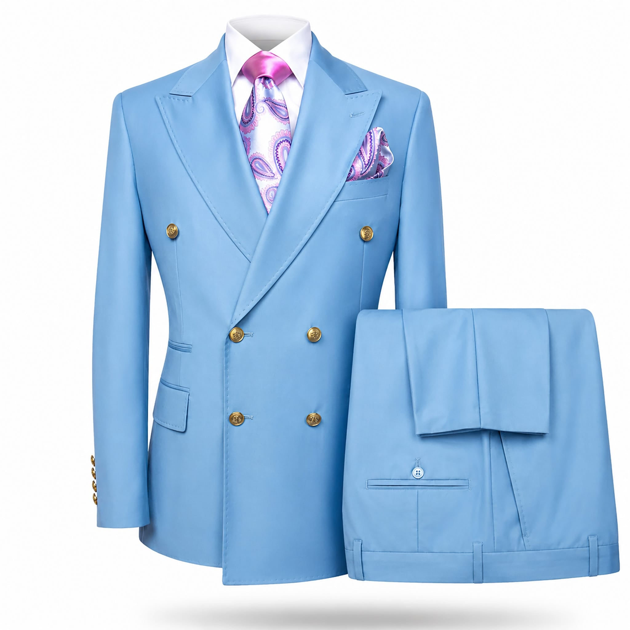 GR CLOTHING GRP DBA ROSSI U SM Sky Blue / 34 REG Rossiman Gold Button Double-Breasted Suit