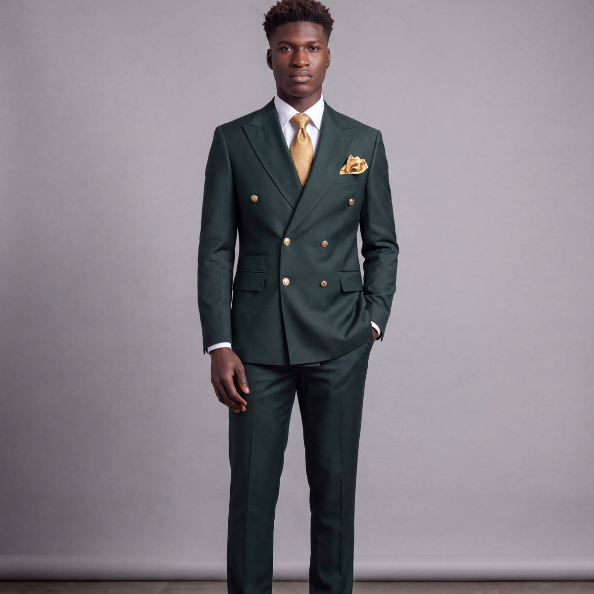 GR CLOTHING GRP DBA ROSSI U SM Rossiman Gold Button Double-Breasted Suit