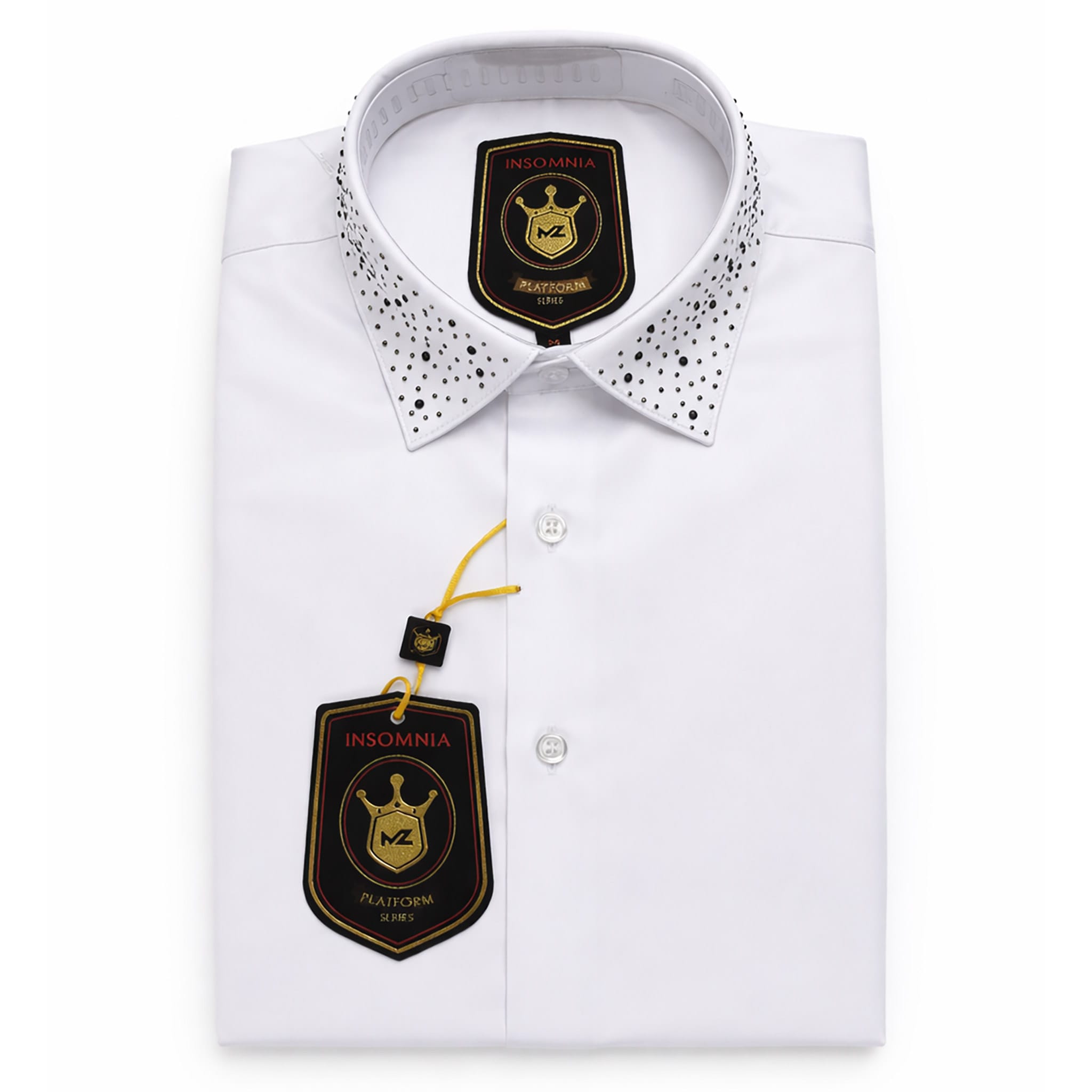 MANZINI IMPORTS X S C WHT/BLK / MED Insomnia Men’s Tuxedo Shirt with Studded Collar – Premium Satin Finish/118