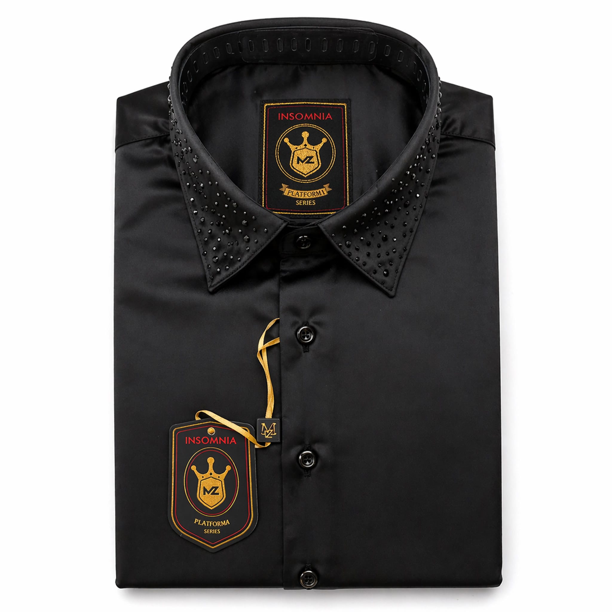 MANZINI IMPORTS X S C BLK/BLK / MED Insomnia Men’s Tuxedo Shirt with Studded Collar – Premium Satin Finish/118
