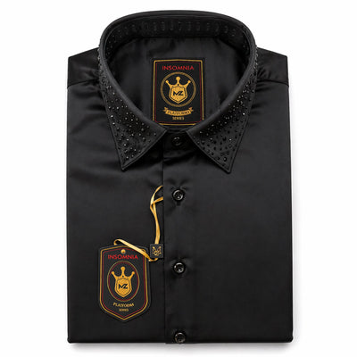 MANZINI IMPORTS X S C BLK/BLK / MED Insomnia Men’s Tuxedo Shirt with Studded Collar – Premium Satin Finish/118