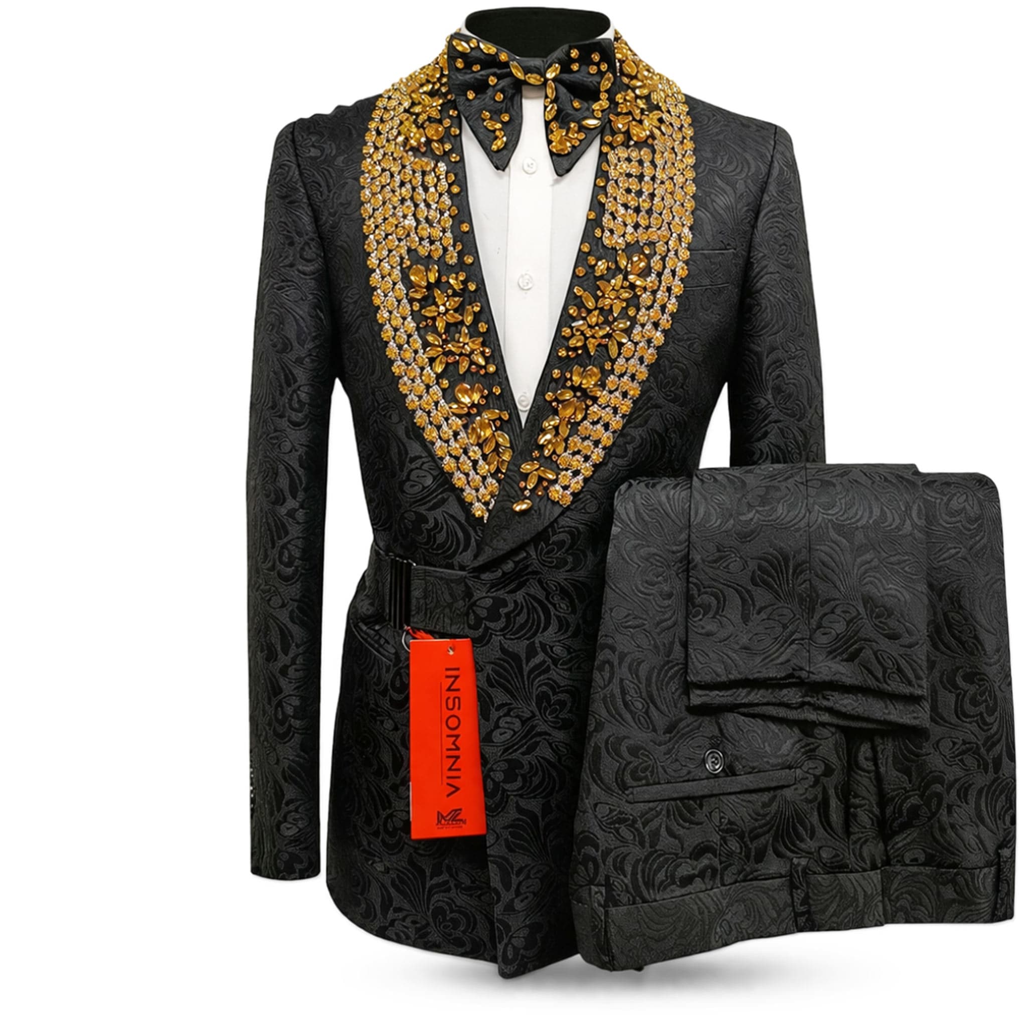 MANZINI IMPORTS XT U S BLK/GOLD / 1XLG Designer Showtime Embellished Formal Suit Set – Slim Fit
