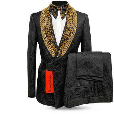 MANZINI IMPORTS XT U S BLK/GOLD / 1XLG Designer Showtime Embellished Formal Suit Set – Slim Fit