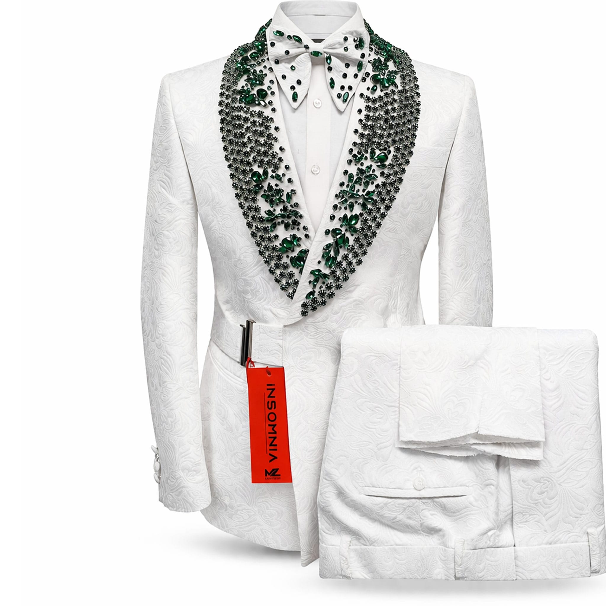 MANZINI IMPORTS XT U S WHT/GRN / 1XLG Designer Showtime Embellished Formal Suit Set – Slim Fit
