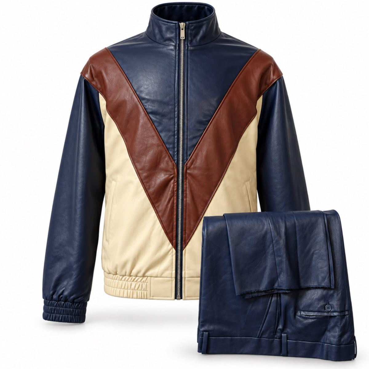 MARENZIO GROUP, INC. O F L NAVY / MED Cigar Men’s Colorblock Faux Leather Walking Suit BRX-803