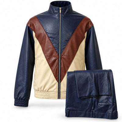 MARENZIO GROUP, INC. O F L NAVY / MED Cigar Men’s Colorblock Faux Leather Walking Suit BRX-803