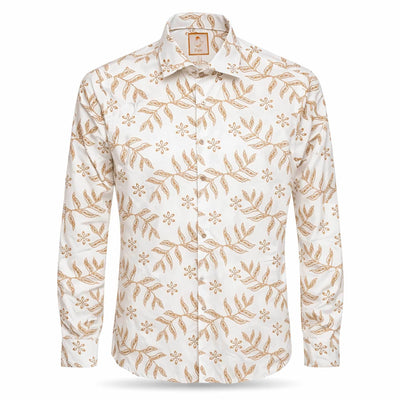 MARENZIO GROUP, INC. S A L CREAM / MED Cigar Leaf Floral Print 100% COTTON Long Sleeve Fashion Shirt.S-5072