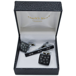 MilanoMensWear AC BLACK/SILVER CUFFLINK &TIE BAR SET