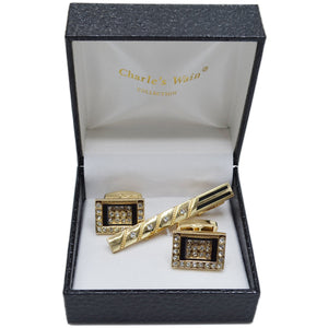 MilanoMensWear AC BLK/GOLD CUFFLINK &TIE BAR SET