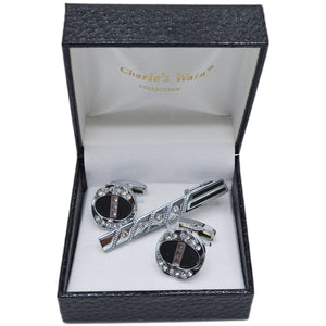 MilanoMensWear AC BLK/CRYSTAL CUFFLINK &TIE BAR SET