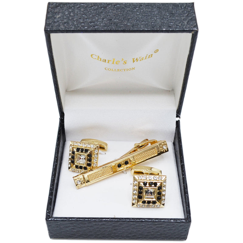 MilanoMensWear AC 5CRYSTAL/BLK/GOLD CUFFLINK &TIE BAR SET