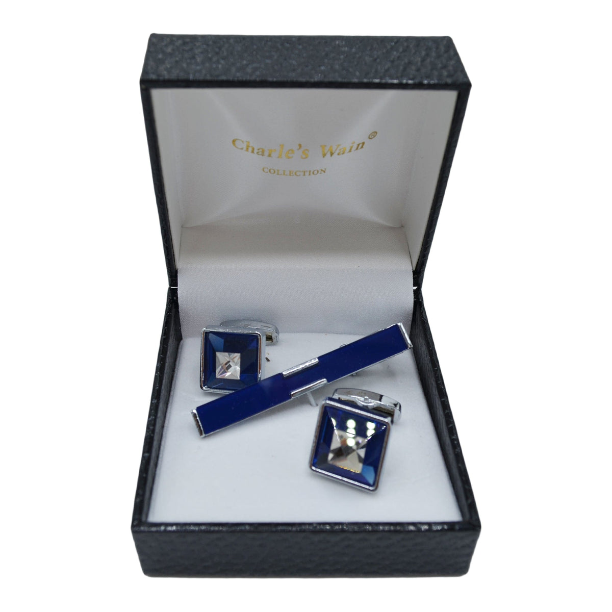 MilanoMensWear AC Blue stone CUFFLINK & TIE BAR SET - Charle's Wain Crystal collection