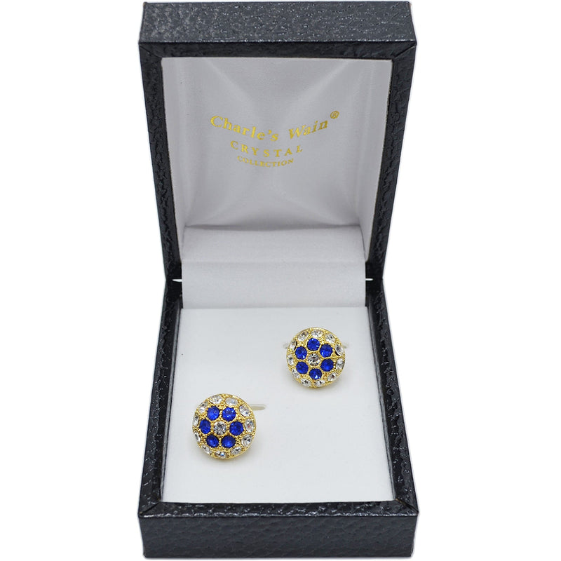 MilanoMensWear AC GOLD/BLUE ROUND CRYSTAL CUFF LINKS