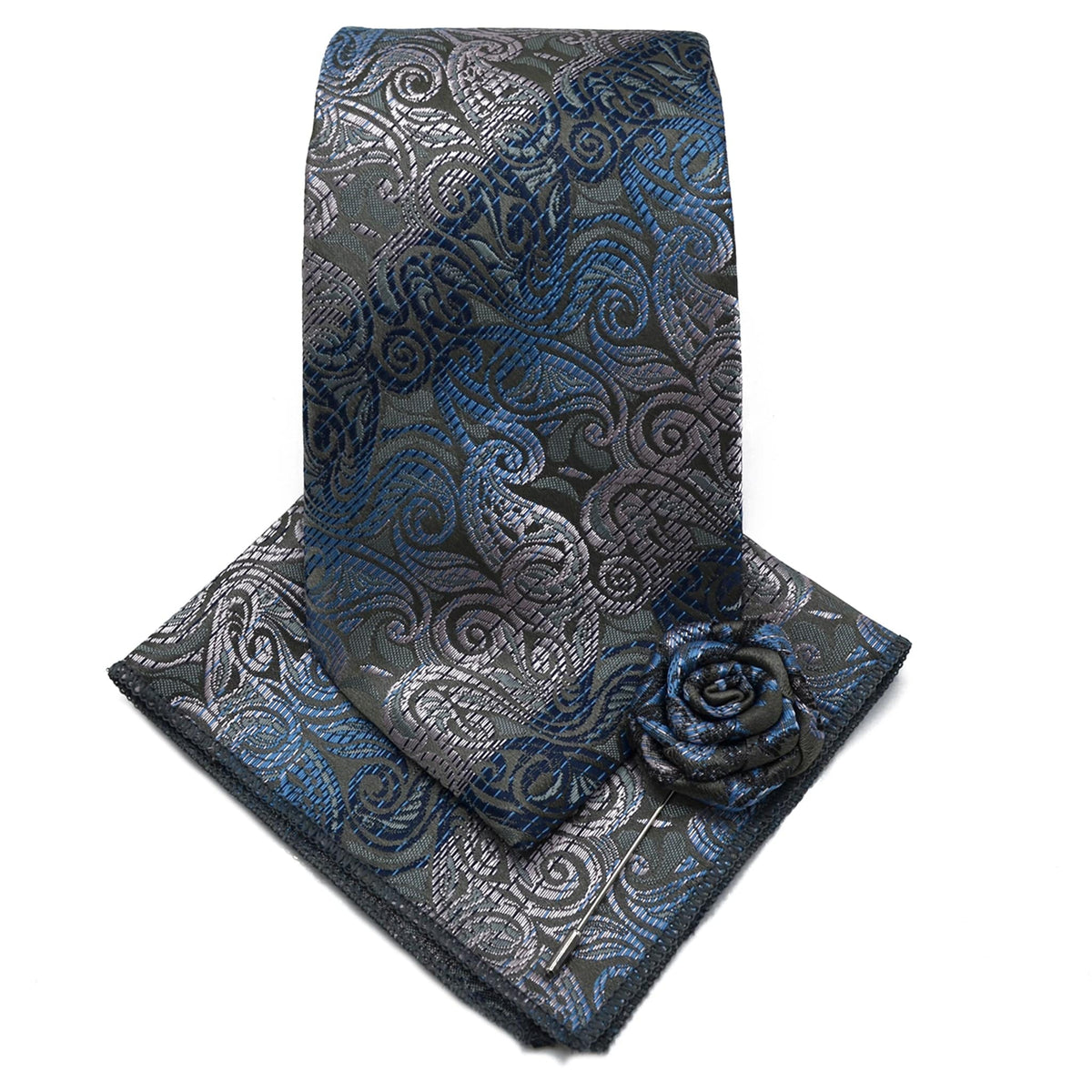 MilanoMensWear GRAY/BLUE TIE/HANKT WITH FLOWER PIN/FANCY