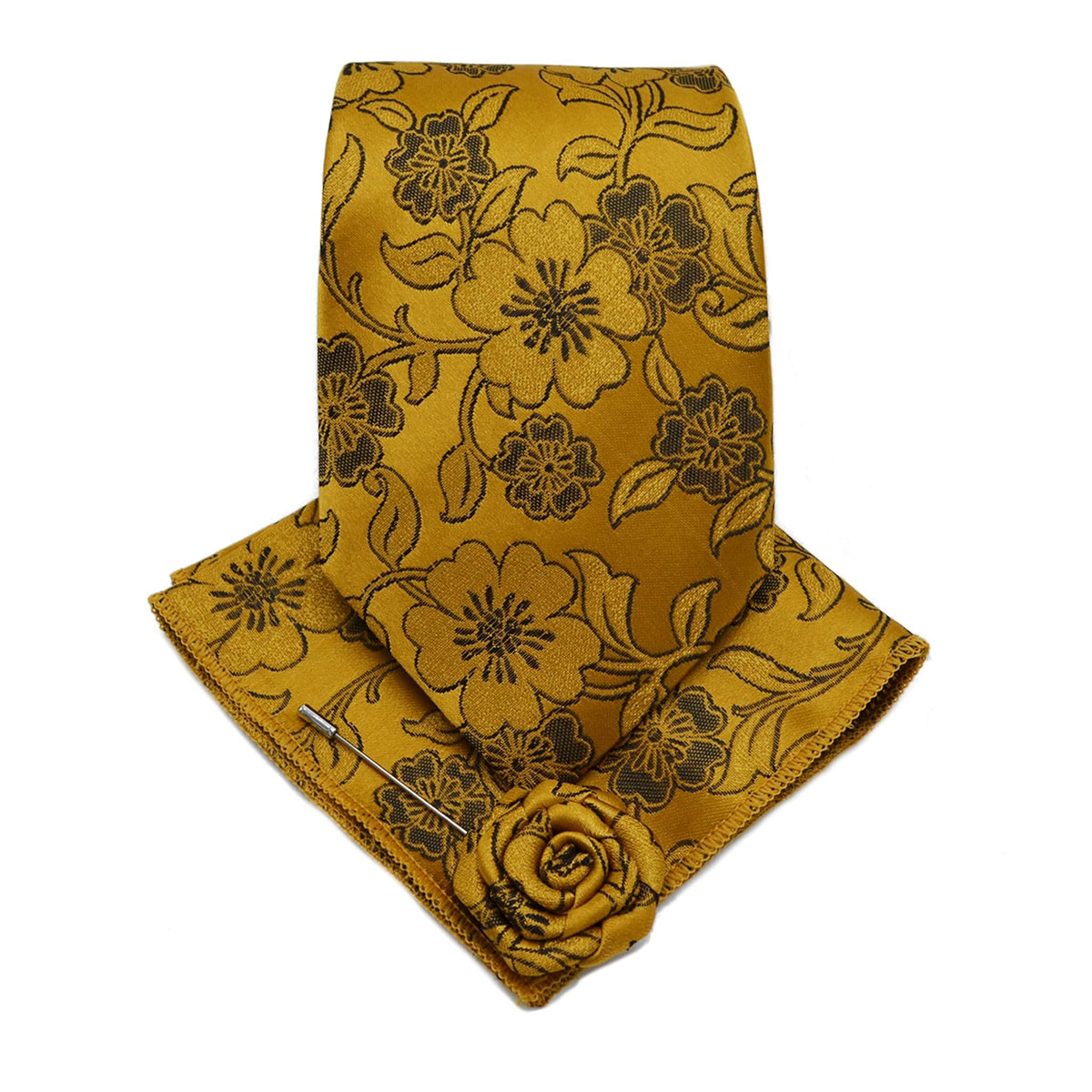 MilanoMensWear LIGHT GOLD TIE/HANKT WITH FLOWER PIN/FANCY