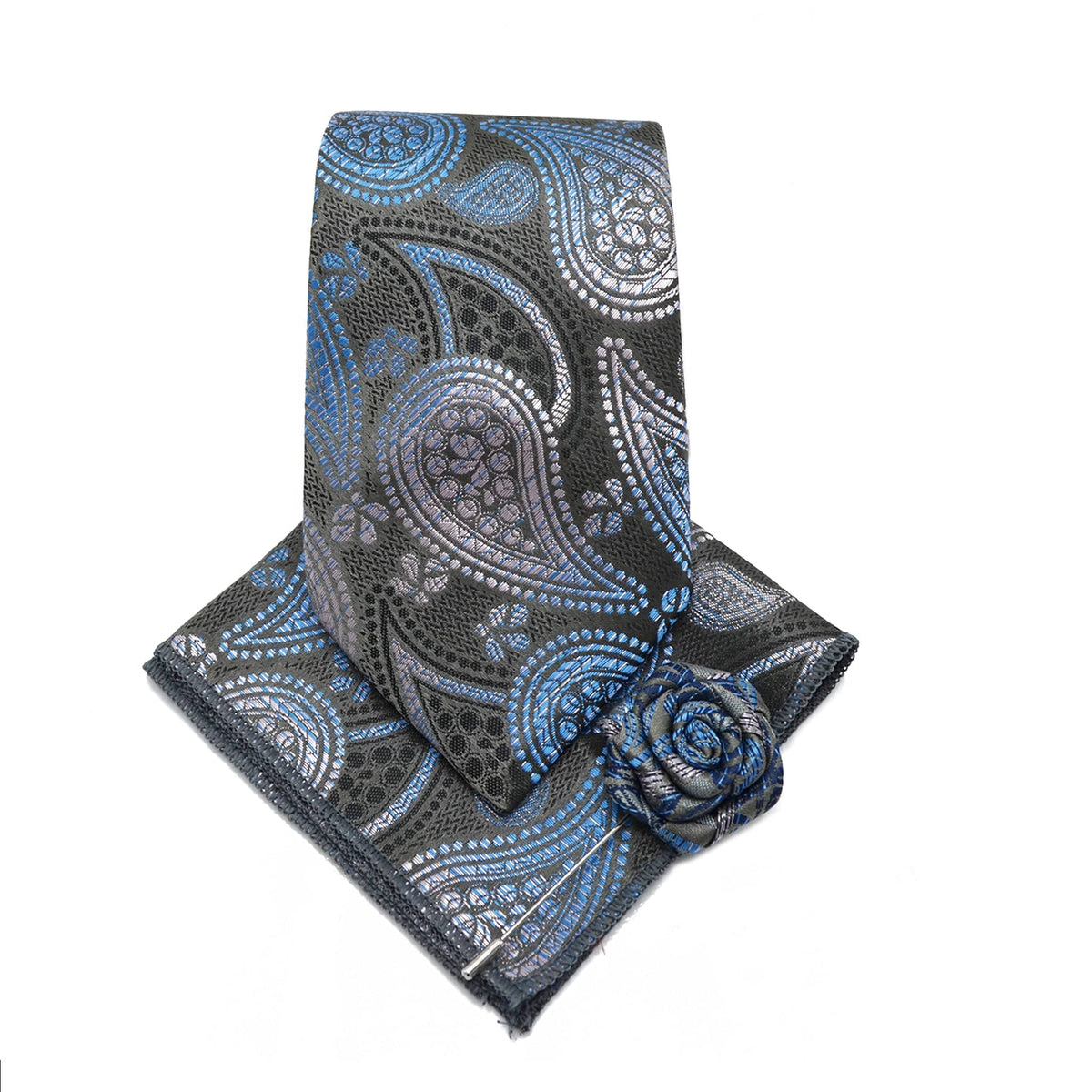 MilanoMensWear BLUE/GRAY TIE/HANKT WITH FLOWER PIN/FANCY