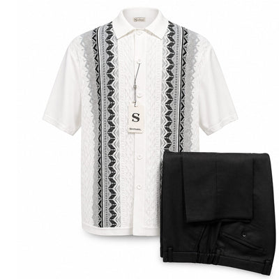 SAFIRE INC.(SILVERSILK) O F S BLACK / SM Men’s Textured Knit Short Sleeve Button-Up Walking Suit Set-21012