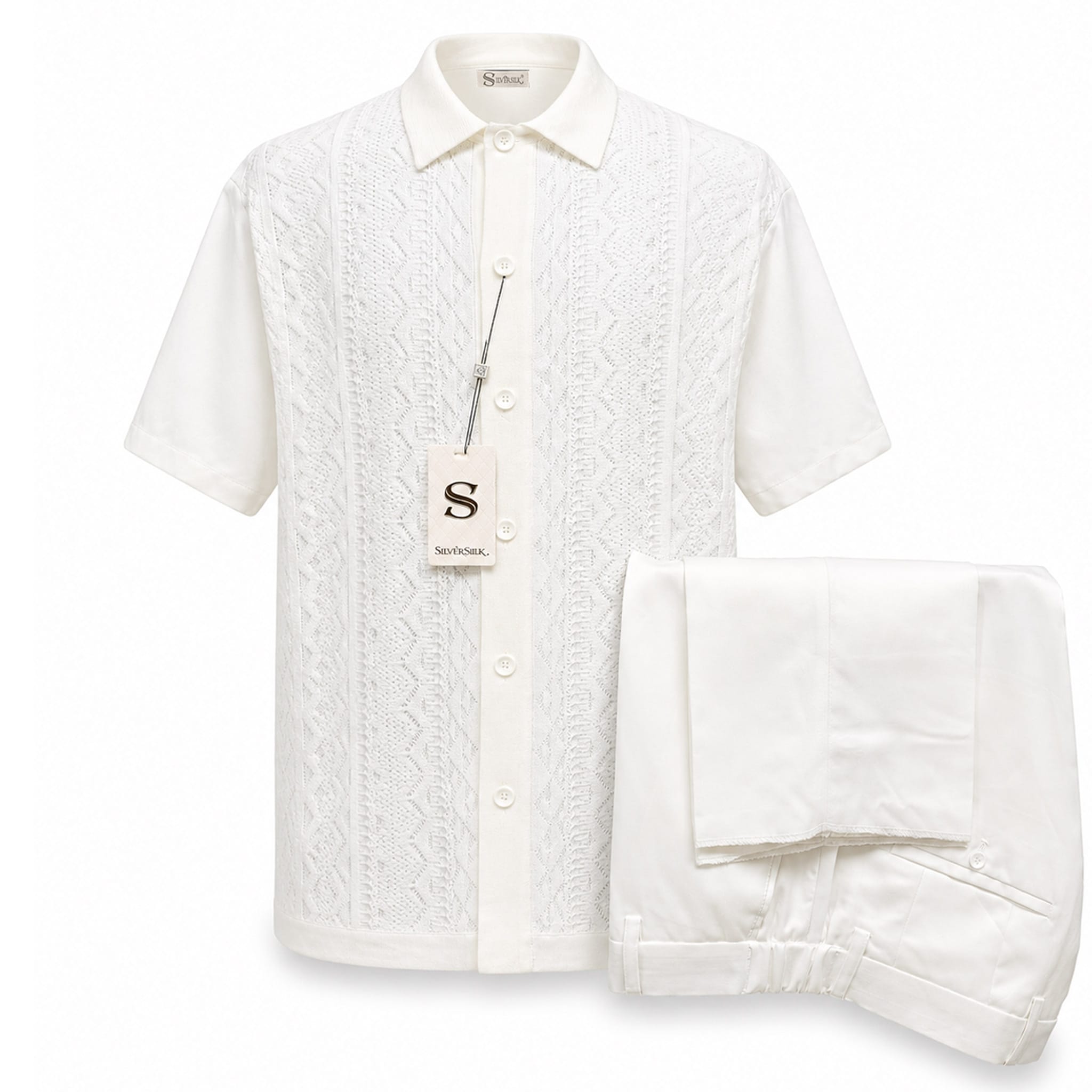 SAFIRE INC.(SILVERSILK) O F S WHITE / SM Men’s Textured Knit Short Sleeve Button-Up Walking Suit Set-21012