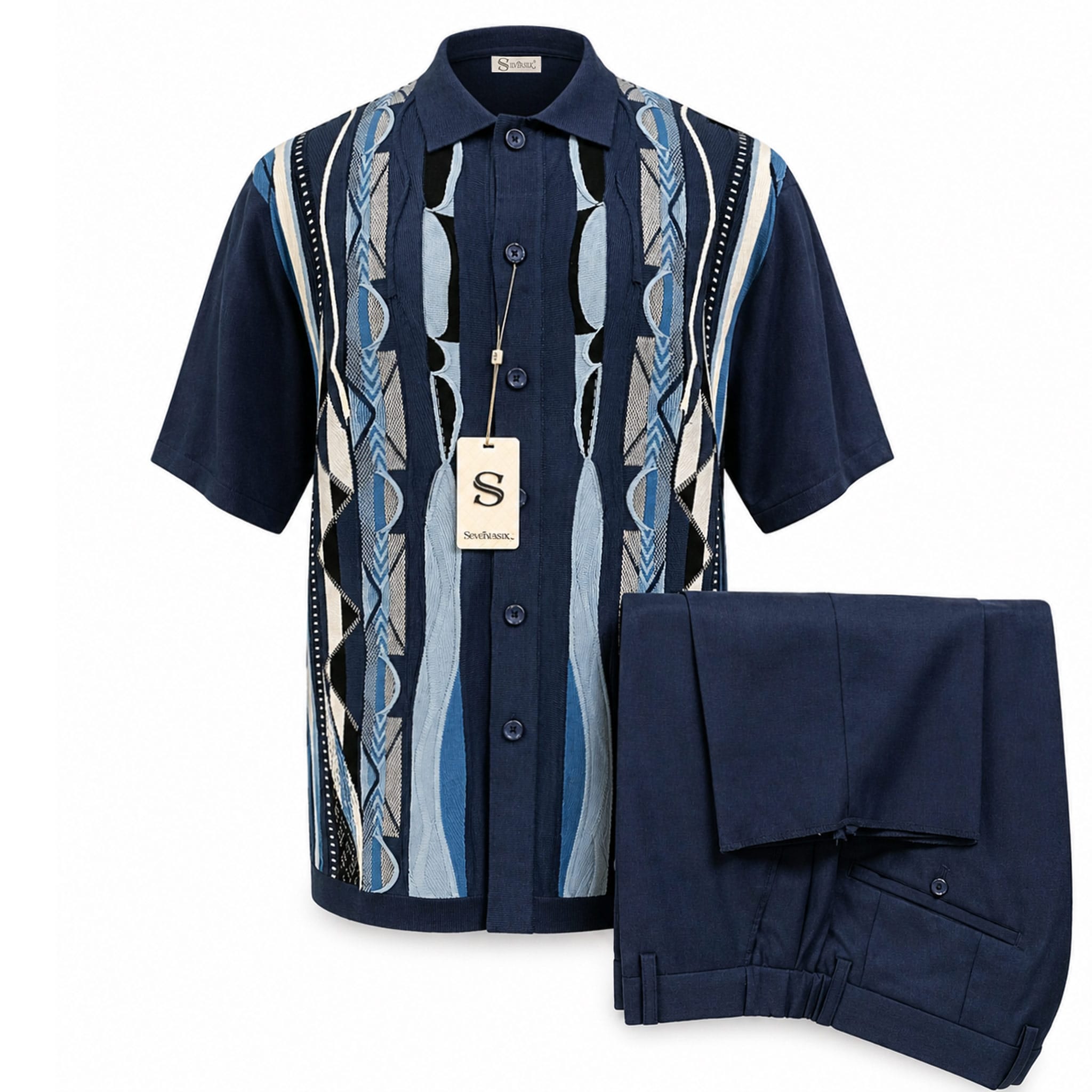 SAFIRE INC.(SILVERSILK) O F S NAVY / SM Silversilk Short Sleeve Pattern Shirt and Pants Set for Men-21017
