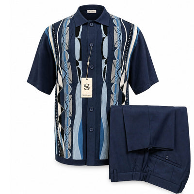 SAFIRE INC.(SILVERSILK) O F S NAVY / SM Silversilk Short Sleeve Pattern Shirt and Pants Set for Men-21017