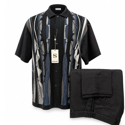 SAFIRE INC.(SILVERSILK) O F S BLACK / SM Silversilk Short Sleeve Pattern Shirt and Pants Set for Men-21017