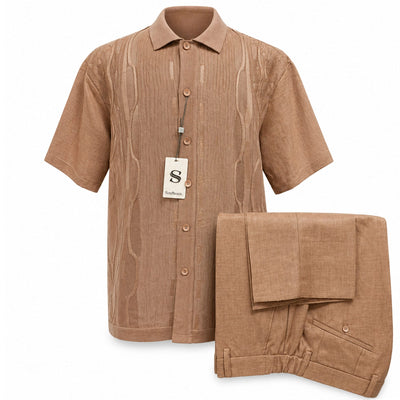 SAFIRE INC.(SILVERSILK) O F S TAUPE / SM Silversilk Short Sleeve Textured Shirt and Pants Set for Men-21001