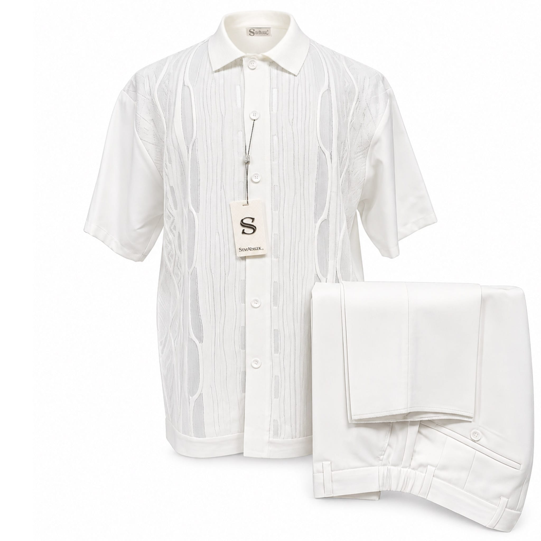 SAFIRE INC.(SILVERSILK) O F S WHITE / SM Silversilk Short Sleeve Textured Shirt and Pants Set for Men-21001