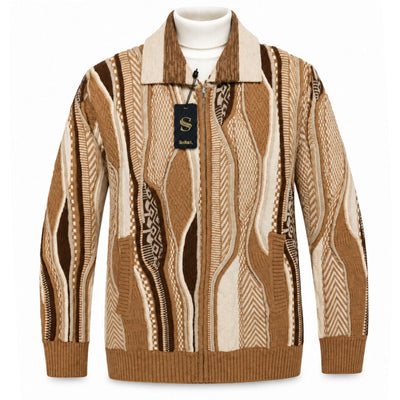 SAFIRE INC.(SILVERSILK) T K TAN / M Men’s Patterned Full-Zip Sweater Jacket 32015